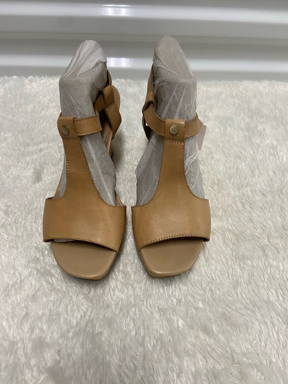 Franco Sarto Tan Leather T-Strap Sandals